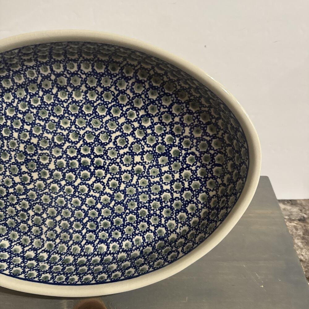 Vintage Boleslawiec Polish Pottery, Oval Deep Baking Dish, Blue And Green 14in - Picture 4 of 14